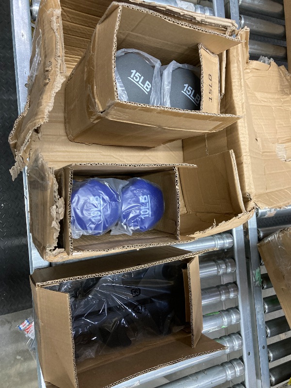 Photo 1 of *5 lb weight missing***Amazon Basics Neoprene Dumbbell Hand Weights, Rack with 2 Pairs (, 10, and 15 Pounds), Green/Blue/Grey