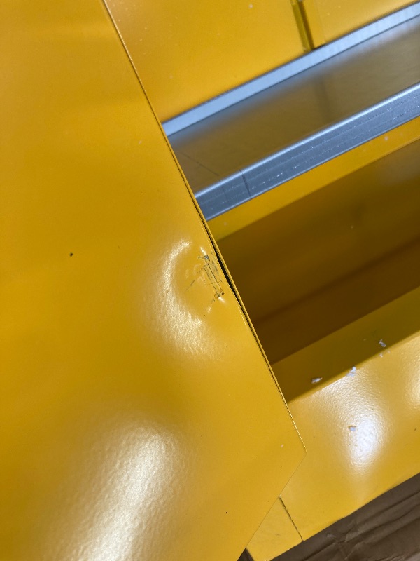 Photo 1 of ***VERY HEAVY****FULL OF DENTS AND DINGS BUT FUNCTIONAL*** 45 Gallon Manual Close Flammable Storage Cabinet, 18 Gauge Steel, 2 Shelves, 2 Door Fire Cabinet, 65" x 43" x 18", Made in The USA, Yellow,"***VERY HEAVY**FULL OF DENTS AND DINGS BUT FUNCTIONAL***