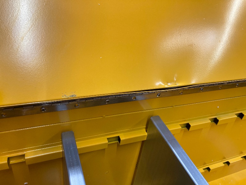 Photo 1 of ***VERY HEAVY****FULL OF DENTS AND DINGS BUT FUNCTIONAL*** 45 Gallon Manual Close Flammable Storage Cabinet, 18 Gauge Steel, 2 Shelves, 2 Door Fire Cabinet, 65" x 43" x 18", Made in The USA, Yellow,"***VERY HEAVY**FULL OF DENTS AND DINGS BUT FUNCTIONAL***