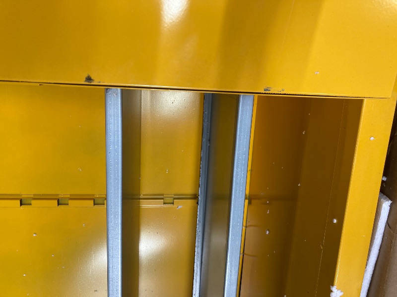 Photo 1 of ***VERY HEAVY****FULL OF DENTS AND DINGS BUT FUNCTIONAL*** 45 Gallon Manual Close Flammable Storage Cabinet, 18 Gauge Steel, 2 Shelves, 2 Door Fire Cabinet, 65" x 43" x 18", Made in The USA, Yellow,"***VERY HEAVY**FULL OF DENTS AND DINGS BUT FUNCTIONAL***