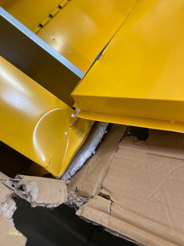 Photo 1 of ***VERY HEAVY****FULL OF DENTS AND DINGS BUT FUNCTIONAL*** 45 Gallon Manual Close Flammable Storage Cabinet, 18 Gauge Steel, 2 Shelves, 2 Door Fire Cabinet, 65" x 43" x 18", Made in The USA, Yellow,"***VERY HEAVY**FULL OF DENTS AND DINGS BUT FUNCTIONAL***