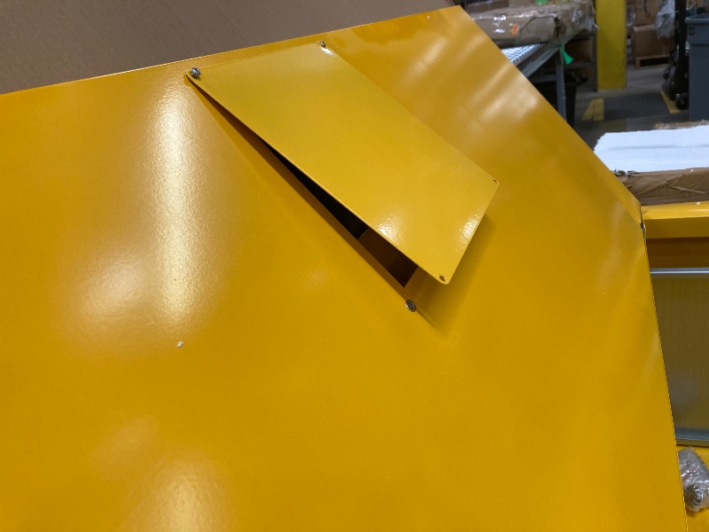 Photo 1 of ***VERY HEAVY****FULL OF DENTS AND DINGS BUT FUNCTIONAL*** 45 Gallon Manual Close Flammable Storage Cabinet, 18 Gauge Steel, 2 Shelves, 2 Door Fire Cabinet, 65" x 43" x 18", Made in The USA, Yellow,"***VERY HEAVY**FULL OF DENTS AND DINGS BUT FUNCTIONAL***