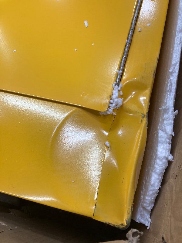 Photo 1 of ***VERY HEAVY****FULL OF DENTS AND DINGS BUT FUNCTIONAL*** 45 Gallon Manual Close Flammable Storage Cabinet, 18 Gauge Steel, 2 Shelves, 2 Door Fire Cabinet, 65" x 43" x 18", Made in The USA, Yellow,"***VERY HEAVY**FULL OF DENTS AND DINGS BUT FUNCTIONAL***