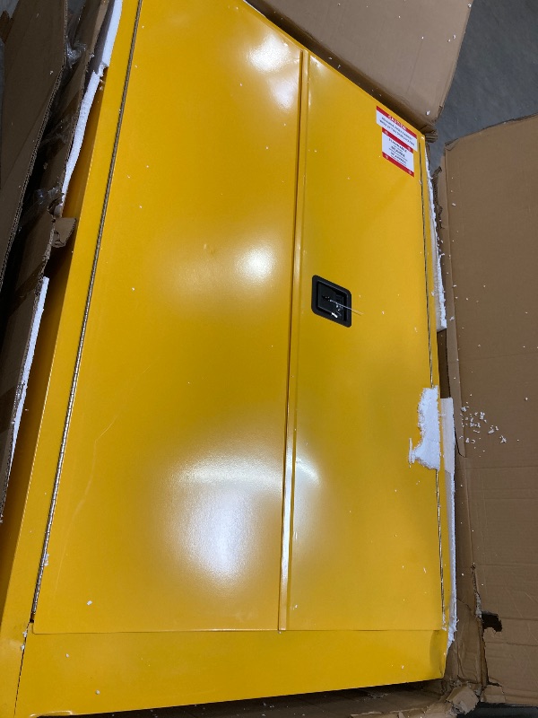 Photo 1 of ***VERY HEAVY****FULL OF DENTS AND DINGS BUT FUNCTIONAL*** 45 Gallon Manual Close Flammable Storage Cabinet, 18 Gauge Steel, 2 Shelves, 2 Door Fire Cabinet, 65" x 43" x 18", Made in The USA, Yellow,"***VERY HEAVY**FULL OF DENTS AND DINGS BUT FUNCTIONAL***
