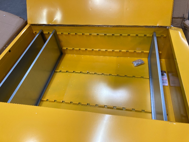 Photo 1 of ***VERY HEAVY****FULL OF DENTS AND DINGS BUT FUNCTIONAL*** 45 Gallon Manual Close Flammable Storage Cabinet, 18 Gauge Steel, 2 Shelves, 2 Door Fire Cabinet, 65" x 43" x 18", Made in The USA, Yellow,"***VERY HEAVY**FULL OF DENTS AND DINGS BUT FUNCTIONAL***