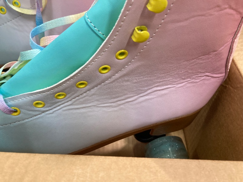 Photo 1 of ***SOME CREASING ON SIDE OF SKATES***LIKU Quad Roller Skates for Girl and Women with All Wheel Light Up,Indoor/Outdoor Lace-Up Fun Illuminating Roller Skate for Kid (Pink&Blue, 7-8)***SOME CREASING ON SIDE OF SKATES***