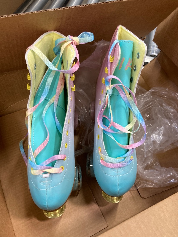 Photo 1 of ***SOME CREASING ON SIDE OF SKATES***LIKU Quad Roller Skates for Girl and Women with All Wheel Light Up,Indoor/Outdoor Lace-Up Fun Illuminating Roller Skate for Kid (Pink&Blue, 7-8)***SOME CREASING ON SIDE OF SKATES***