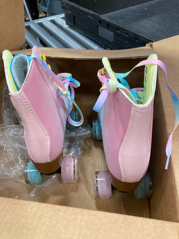 Photo 1 of ***SOME CREASING ON SIDE OF SKATES***LIKU Quad Roller Skates for Girl and Women with All Wheel Light Up,Indoor/Outdoor Lace-Up Fun Illuminating Roller Skate for Kid (Pink&Blue, 7-8)***SOME CREASING ON SIDE OF SKATES***