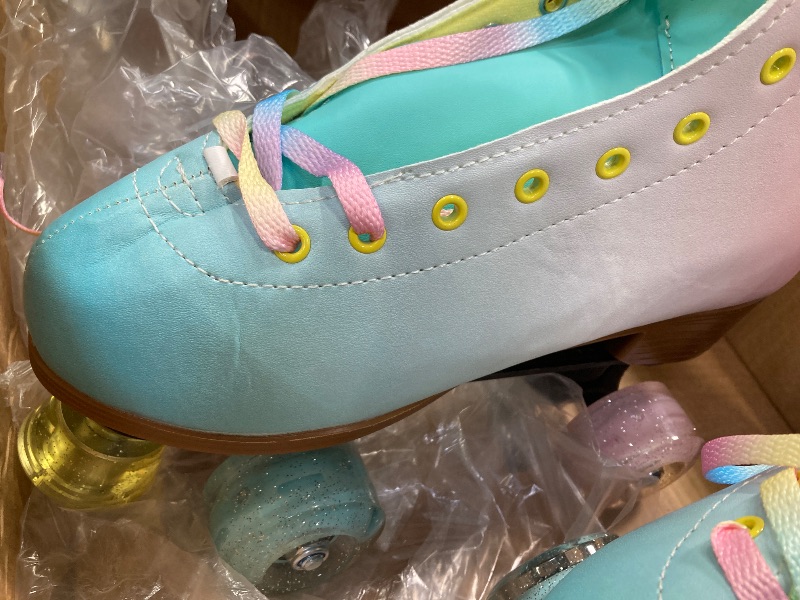 Photo 1 of ***SOME CREASING ON SIDE OF SKATES***LIKU Quad Roller Skates for Girl and Women with All Wheel Light Up,Indoor/Outdoor Lace-Up Fun Illuminating Roller Skate for Kid (Pink&Blue, 7-8)***SOME CREASING ON SIDE OF SKATES***