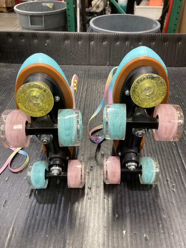 Photo 1 of ***SOME CREASING ON SIDE OF SKATES***LIKU Quad Roller Skates for Girl and Women with All Wheel Light Up,Indoor/Outdoor Lace-Up Fun Illuminating Roller Skate for Kid (Pink&Blue, 7-8)***SOME CREASING ON SIDE OF SKATES***