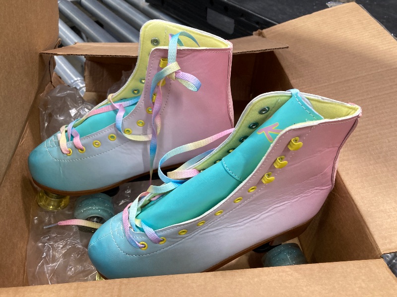 Photo 1 of ***SOME CREASING ON SIDE OF SKATES***LIKU Quad Roller Skates for Girl and Women with All Wheel Light Up,Indoor/Outdoor Lace-Up Fun Illuminating Roller Skate for Kid (Pink&Blue, 7-8)***SOME CREASING ON SIDE OF SKATES***