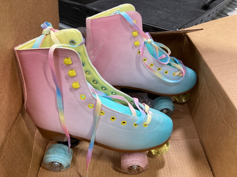 Photo 1 of ***SOME CREASING ON SIDE OF SKATES***LIKU Quad Roller Skates for Girl and Women with All Wheel Light Up,Indoor/Outdoor Lace-Up Fun Illuminating Roller Skate for Kid (Pink&Blue, 7-8)***SOME CREASING ON SIDE OF SKATES***
