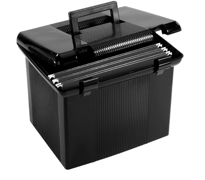 Photo 1 of 
Pendaflex Portable File Box with File Rails, Simple Document Storage, File Bin for Home and Office, Hinged Lid with Double Latch Closure, Black, 3 Black Letter Size Hanging Folders Included (41742AMZ)