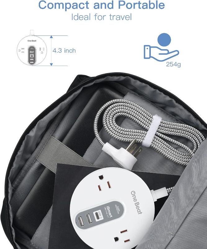 Photo 1 of 10 Ft Flat Plug Extension Cord with USB C - Power Strip Surge Protector with 2 Widely AC Outlet and 3 USB, Small Desktop Charging Station with 10 ft Power Cord, Compact for Travel Home Office