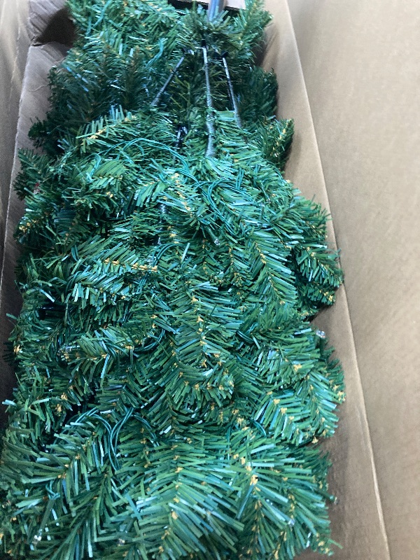 Photo 1 of Alupssuc 6.5ft Premium Prelit Artificial Hinged Slim Pencil Christmas Tree w/ Remote Control, 240 Warm White & Multi-Color Lights