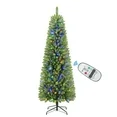 Photo 1 of Alupssuc 6.5ft Premium Prelit Artificial Hinged Slim Pencil Christmas Tree w/ Remote Control, 240 Warm White & Multi-Color Lights