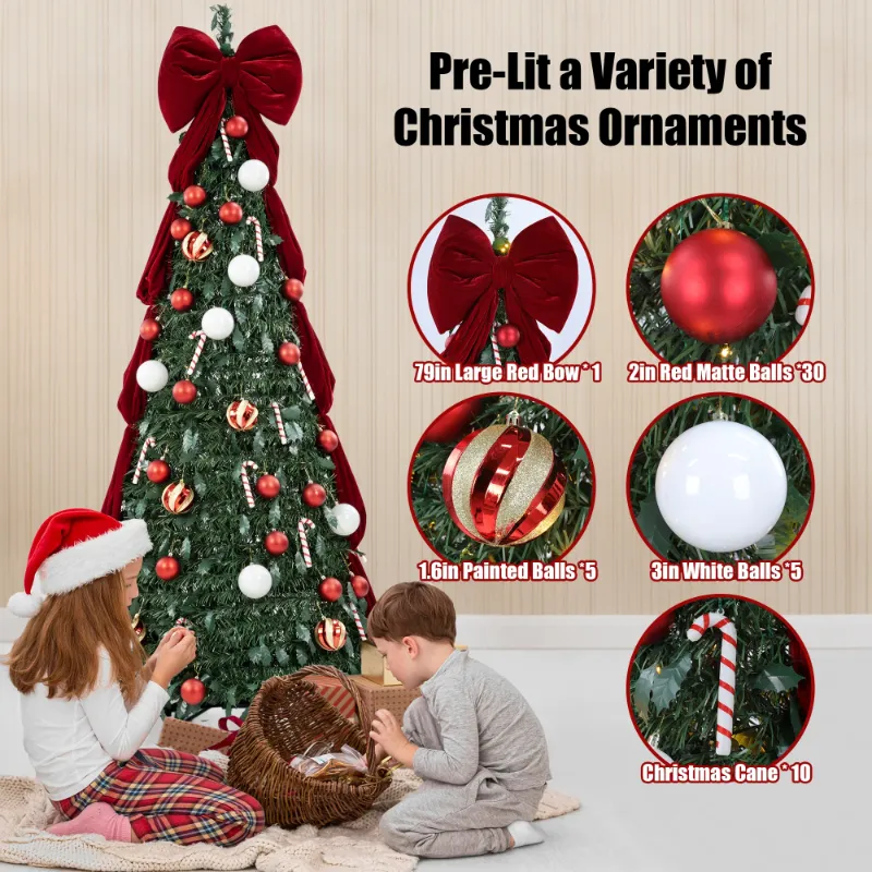 Photo 1 of *Ornaments scuffed* Firstness Christmas Tree 6FT, Pop up Pre Decorated Pre Lit Artificial Xmas Tree with 150 LED Lights, Large Bow & Ornaments, Lighted Christmas Tree for Holiday Party Decorations, Easy Installation