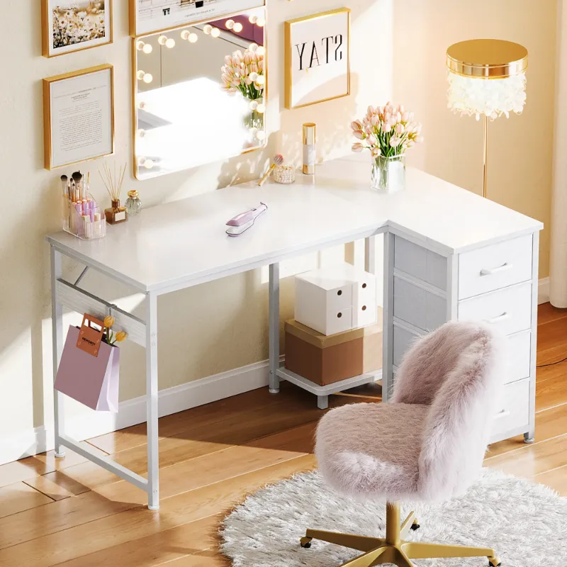 Photo 1 of *Small chips in corners* 48 inch Computer Desk with 4 Fabric Drawers — Home Office Desks with Storage, Writing Desk with Side Hook, Desk Study/Work Table for Bedroom and Small Space, White

