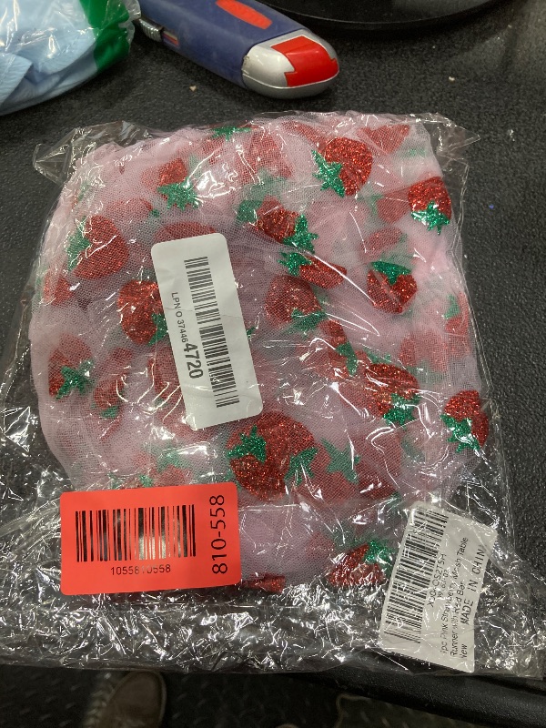 Photo 1 of 1 Pcs 29 x70 inch Pink Strawberry Mesh Table Runner, Shiny Glitter Tulle Tablecloth Sheer Lace Tablecloth for Party Decorations Shortcake Birthday Wedding Bridal Shower Party Home Kitchen Table Decor