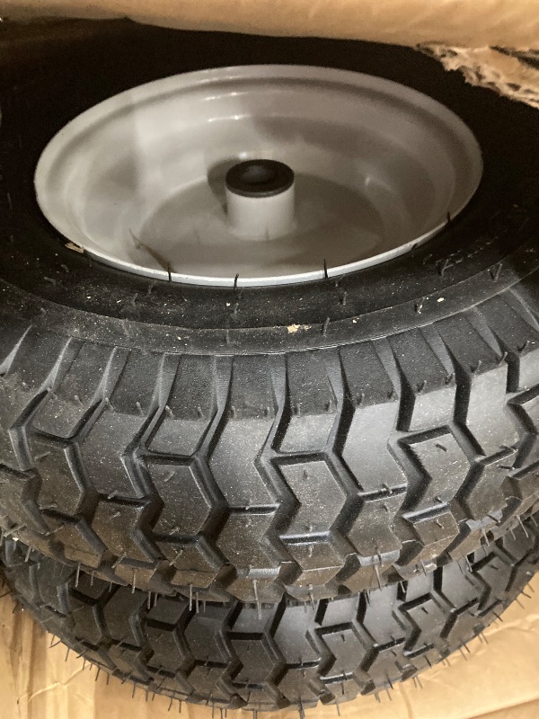 Photo 1 of (2-Pack) 16x6.50-8 Pneumatic Tires on Rim - Universal Fit Lawn Mower and Yard Tractor Wheels - With Chevron Turf Treads - 3" Centered Hub and 3/4" Bushings - 396 lbs Max Weight Capacity