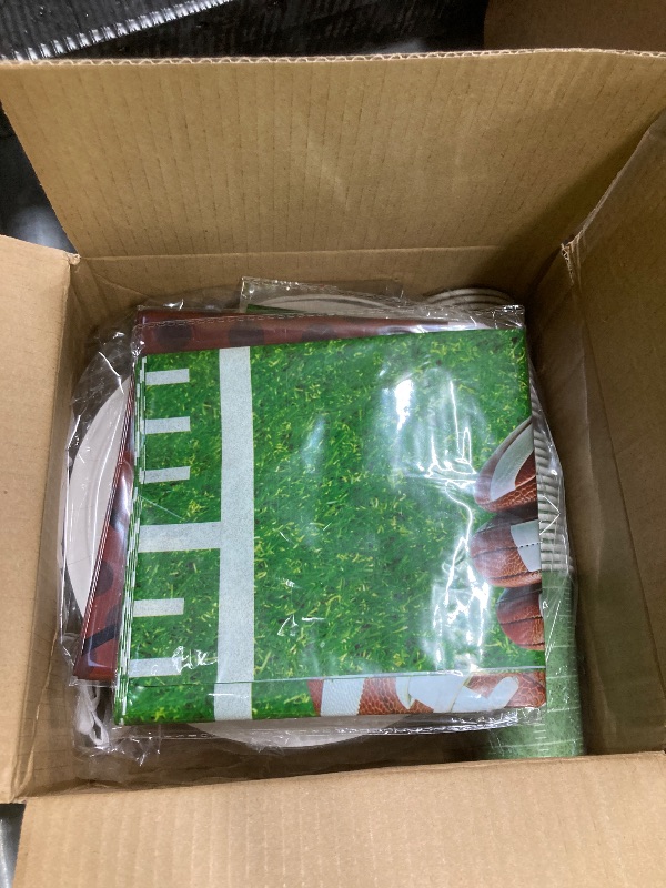 Photo 1 of 123 Pcs Football Birthday Party Decorations Serve 30, Football Plates Napkins Cups Tablecloth Banner Football Disposable Dinnerware Set for Football Game Day Tailgate Party Decorations Supplies