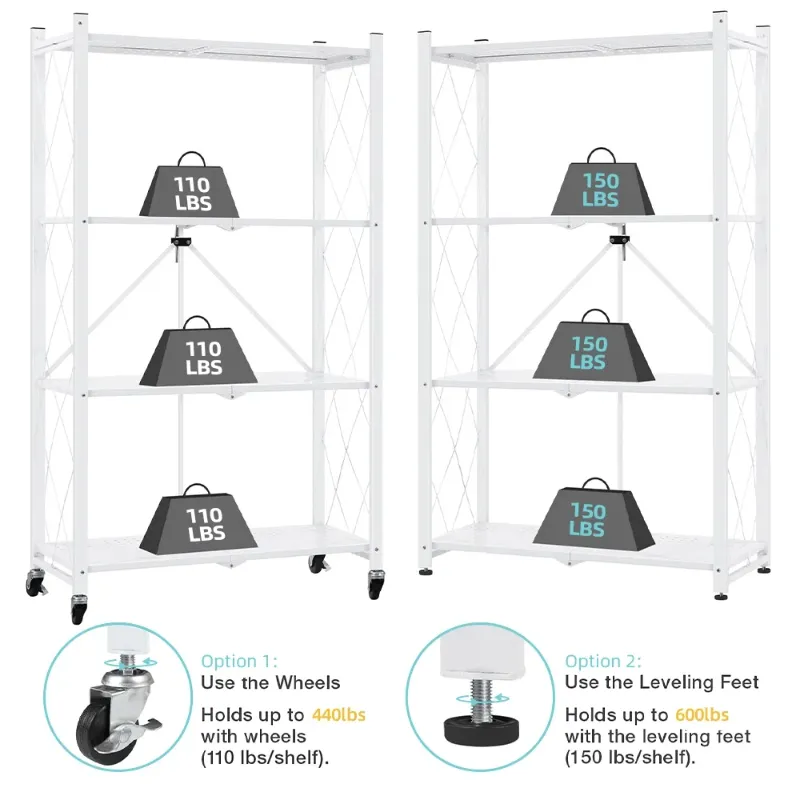 Photo 1 of **HAS SOME DENTS***COOKCOK 4-Tier Storage Shelving Unit, Metal Shelf, Foldable Storage Shelf with Wheels, 27.9"x13.4"x49.72" Garage Shelf, Kitchen Shelf with 4 Hooks, No Assemble Require, White