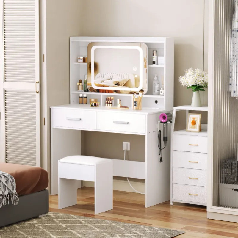 Photo 1 of Satifur Vanity Desk with Sliding Mirror & Light, White Makeup Vanities Table and Stool Set with Charging Station & Drawers for Bedroom ***(BOX RIPPEED/TORN)***