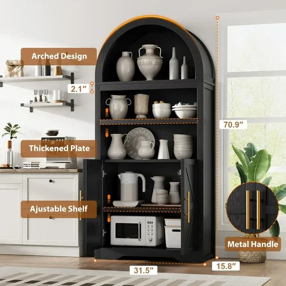 Photo 1 of ***  USED MISSING PARTS***Anyact 71" Arched 5-Tier Farmhouse Bookcase & Kitchen Pantry Cabinet – WoodeAnyact 71" Arched 5-Tier Farmhouse Bookcase & Kitchen Pantry Cabinet – Wooden Storage for Living Room(Black)n Storage for Living Room(Black)
