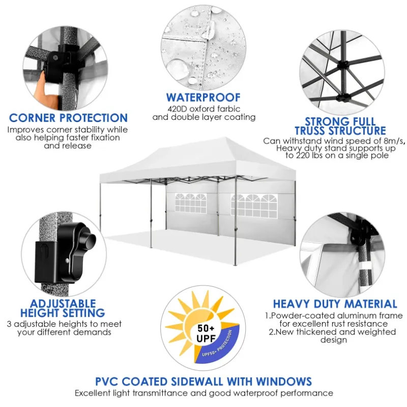 Photo 1 of **USED MISSING PARTS***   OBIZI 10x20 Heavy Duty Pop up Canopy Tent with 6 sidewalls Easy Up Commercial Outdoor Canopy Wedding Party Tent for Beach All Season Wind & Waterproof Gazebo with Roller Bag,White(Frame Thickened)
