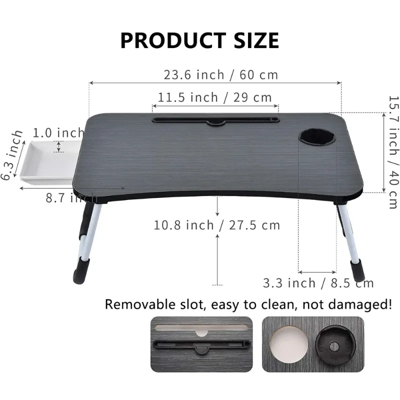 Photo 1 of ****It is bald on one side***PHANCIR Foldable Lap Desk, 23.6 Inch Portable Wood Laptop Desk Table Workspace Organizer Bed Tray with iPad Slots, Cup Holder and Drawer, Anti-Slip for Working Reading Writing, Eating, Watching-Black
