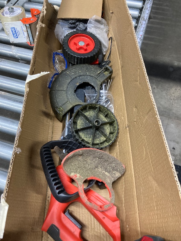 Photo 1 of ****used, missing parts , futinal untested  ***Electric Cordless Grass Trimmer, Lawn Mower, Rechargeable Grass Mower, Weed Lawn Edger Eater, Electric Grass Cuting Machine with Wheels with 2 Batteries(RED)