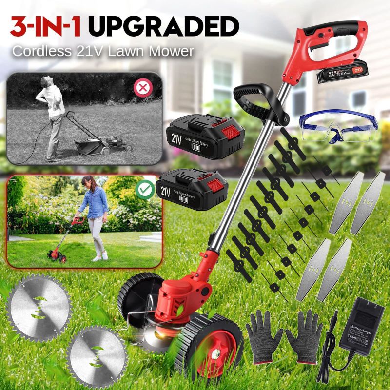 Photo 1 of ****used, missing parts , futinal untested  ***Electric Cordless Grass Trimmer, Lawn Mower, Rechargeable Grass Mower, Weed Lawn Edger Eater, Electric Grass Cuting Machine with Wheels with 2 Batteries(RED)