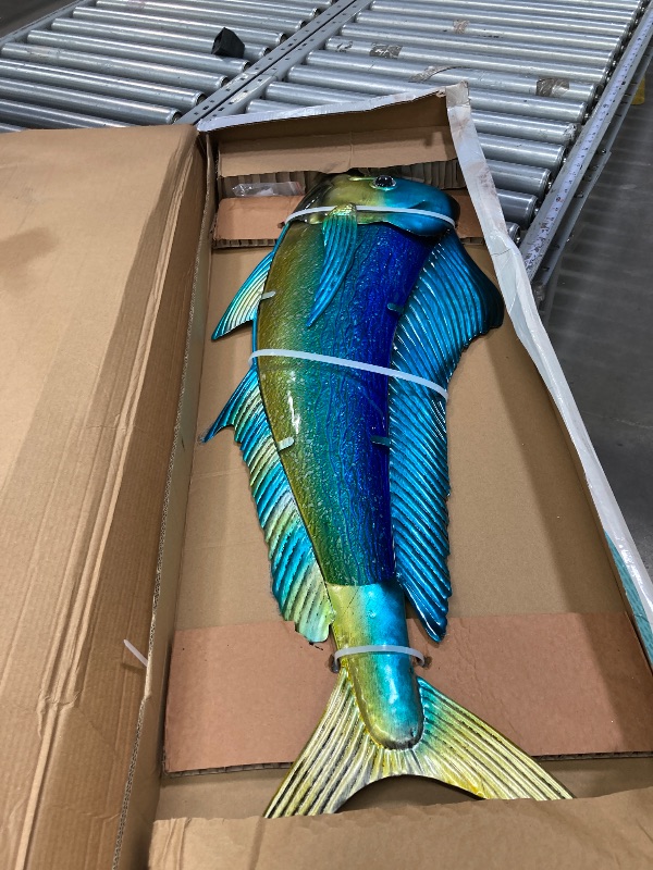 Photo 1 of ***used**LIFFY Metal Mahi Wall Art Indoor Outdoor Metal Fish Wall Decor Fish Wall Hanging Decorative Ornaments Glass Nautical Theme Home Wall Decorations for Office,Pool,Bathroom - 36 Inches Long