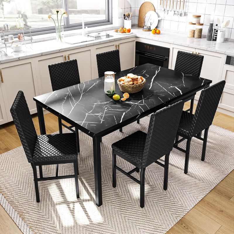 Photo 1 of ***no refund The dining set is incomplete, part is broken, it is used, I don't know if it is 100% functional.***   LTTROMAT Modern 7 Piece Dining Room Sets for 6, Faux Marble Dining Room Sets, PU Leather Chair, Dining Room, Apartment, Blac