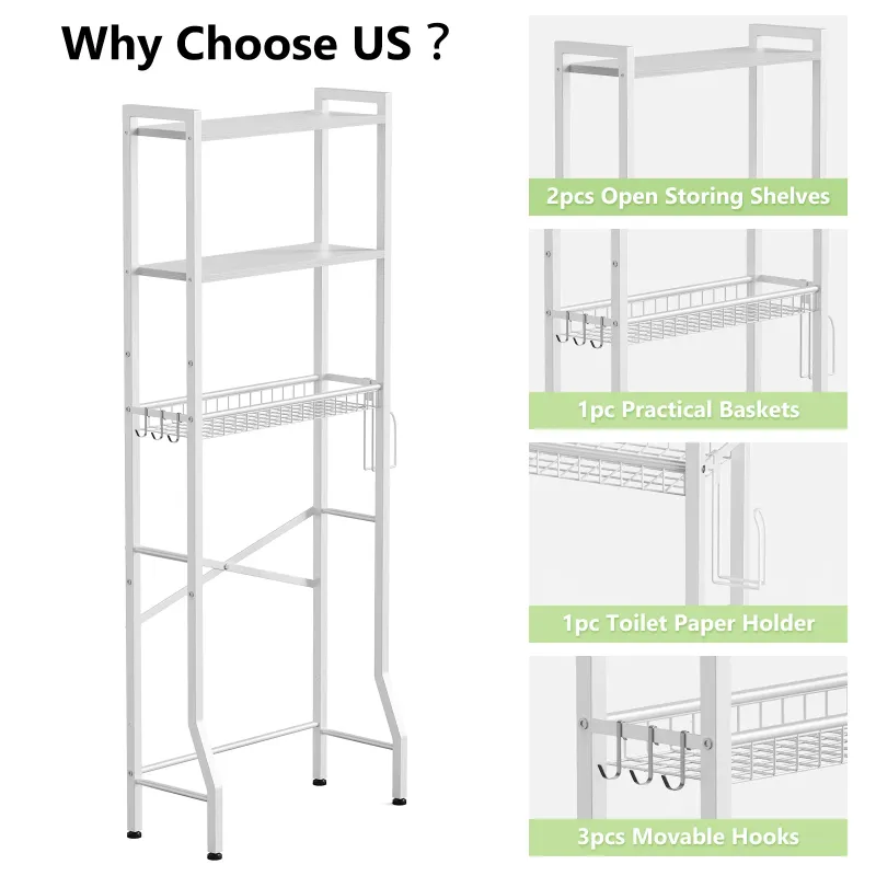 Photo 1 of ***usado **Biemlerfn Over The Toilet Storage Shelf, 3-Tier Wooden Bathroom Organizer Freestanding Space Saver with Toilet Paper Holder and 3 Hooks, White
