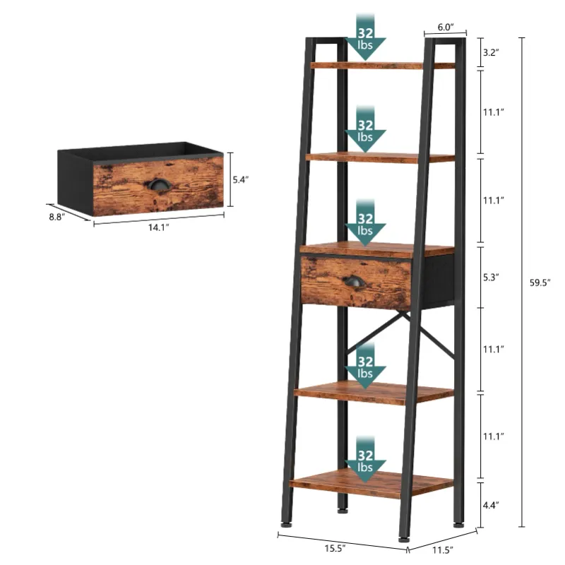 Photo 1 of ***It is used and is missing a piece at the bottom***Tydimor 5-Tier 59.5" Ladder Bookshelf with Removable Drawers Narrow Bookcase for Living Room,Rustic Brown