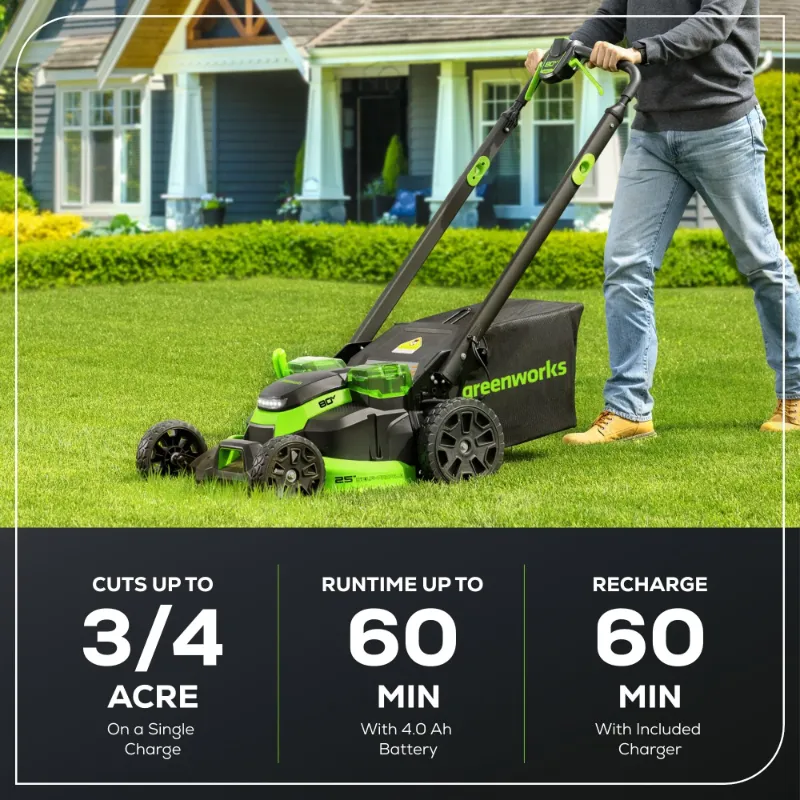 Photo 1 of ***It is used, it is missing parts and it is not known if it works because it could not be tested.****Greenworks 80V 25" Brushless Cordless Self-Propelled Lawn Mower,3 in 1 Dual Blade LawnMover, W/4.0Ah Battery and Rapid Charger Include