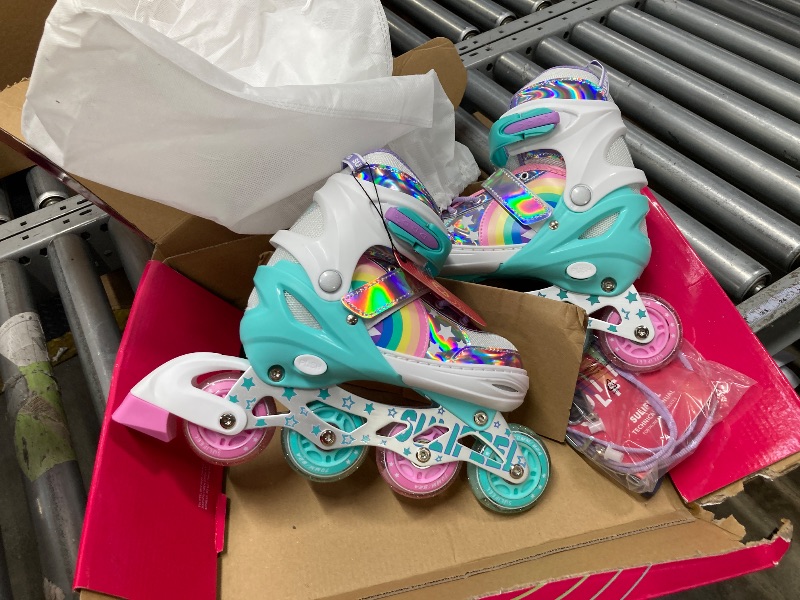 Photo 1 of **USED MISSING PARTS FUNTIONAL UNTETED***SULIFEEL Rainbow Unicorn Inline Skates for Girls Boys 4 Size Adjustable Light up Wheels Skates for Kids Beginner