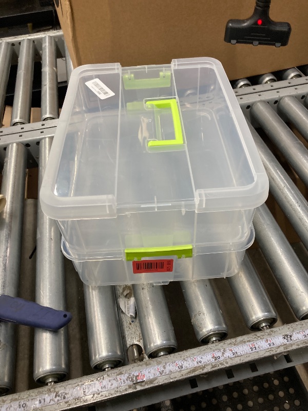 Photo 1 of ***used** JUXYES 2-Tiers Stack Carry Storage Box With Handle, Transparent Stackable Storage Bin With Handle Lid Latching Storage Container for School & Office Supplies (Green)