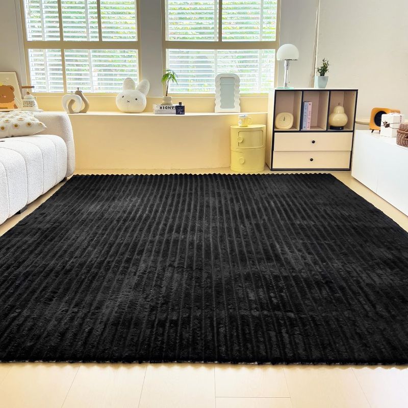 Photo 1 of ***used missing*** parts  Black Faux Fur Striped Plush Area Rug for Bedroom Living Room Sofa,8'x10' Fluffy Shaggy Rectangular Square Rug for Kids Teen Girls Room,Furry Carpet Rug for Nursery Baby Room