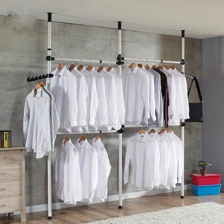 Photo 1 of ****It is used, it is missing parts and it is not known if it works 100%.****Telescopic Garment Rack Premium Heavy Duty Movable Coat Hanger Clothes Wardrobe 3 Poles 4 Bars Hanging Rail Storage Shelving Adjustable Height 160
