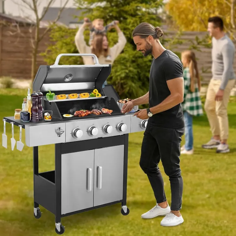 Photo 1 of ***used missing parts ***Furnibear 4-Burner Gas Grill Side Burner, Propane Stainless Steel BBQ Grill with Porcelain-Enameled Cast Iron Grates, 46790 BTU Barbecue Grill for Outdoor Cooking