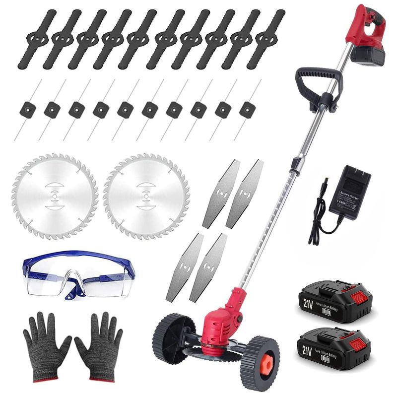 Photo 1 of ***It is used, it is missing parts and it is not known if it works 100%.****Electric Cordless Grass Trimmer, Lawn Mower, Rechargeable Grass Mower, Weed Lawn Edger Eater, Electric Grass Cuting Machine with Wheels with 2 Batteries(RED)