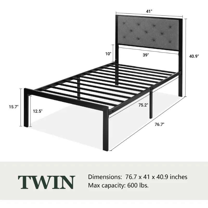 Photo 1 of ***It is used, it is not known if it is missing parts because it is in a disrepair and cannot be returned.****Amolife Twin Size Metal Bed Frame with Upholstered Headboard, Dark Gray