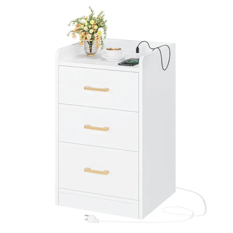 Photo 1 of **used***Homfa White Nightstand with Charging Station, 3 Drawers Nightstand for Bedroom, Modern Storage Cabinet for Living Roo