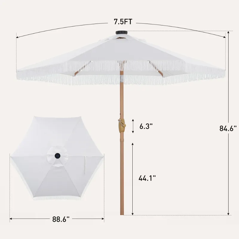 Photo 1 of **IT IS USED, IT IS MISSING A PART AND IT IS NOT KNOWN IF IT WORKS AT 100%**Autlaycil 7.5 ft Fringe Patio Umbrella with 18 LED Lights, Tassels Solar Umbrella, White