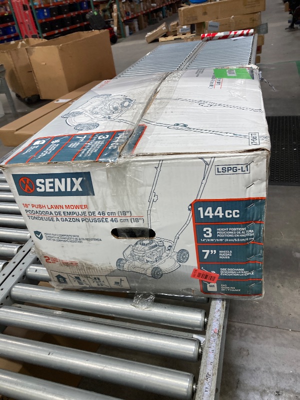 Photo 1 of **IT IS USED, IT IS MISSING A PART AND IT IS NOT KNOWN IF IT WORKS AT 100%***SENIX Gas Lawn mower, 18in Cutting Blade / 19in Cutting Deck, 144cc 4-Cycle Engine Push Mower with Side Discharge