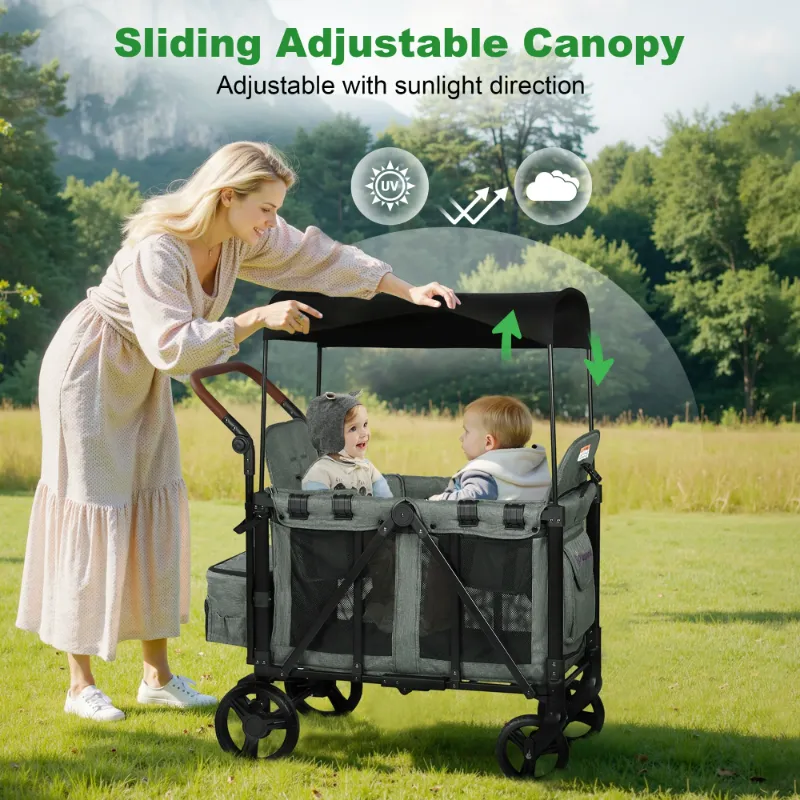 Photo 1 of ***IT IS USED, IT IS MISSING A PART AND IT IS NOT KNOWN IF IT WORKS AT 100%**Vomeast Wagon Stroller for 2 Kids, 3-in-1 Outdoor baby stroller with Canopy, 5-Point Harness, Adjustable Handlebars, Removable Seat for Toddlers, Grey