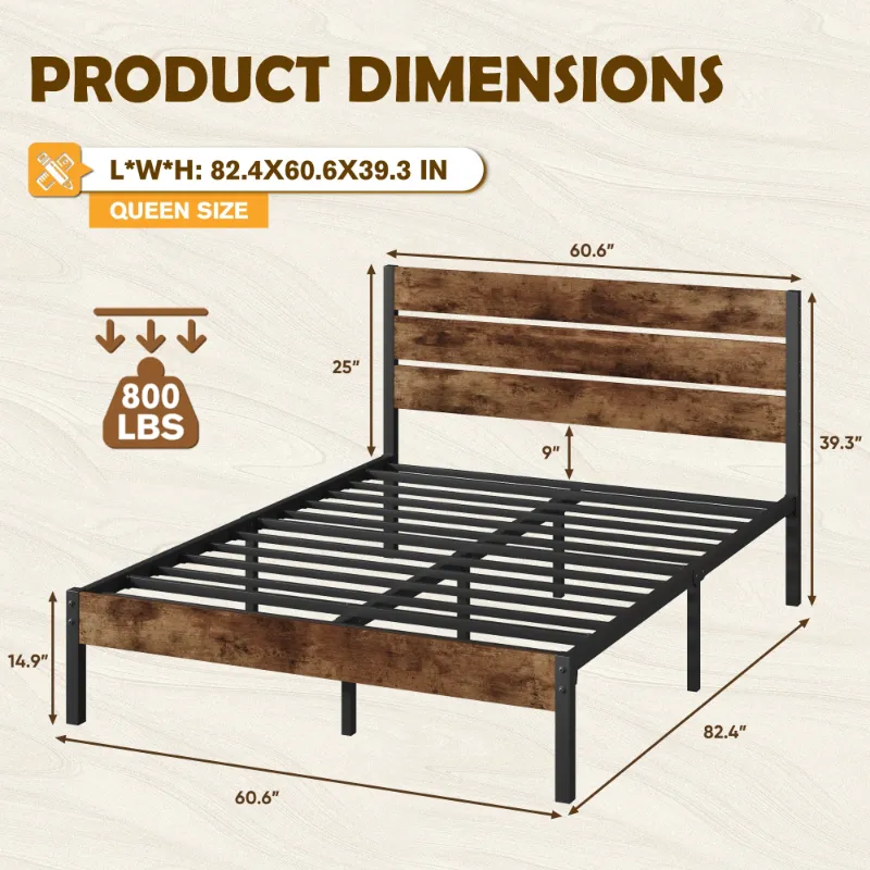 Photo 1 of **IT IS USED. IT IS MISSING A PART AND IT IS NOT KNOWN IF IT WORKS AT 100%**Lifezone Queen Bed Frame with Rustic Vintage Wood Headboard and Footboard,Metal Support,Rustic Brown