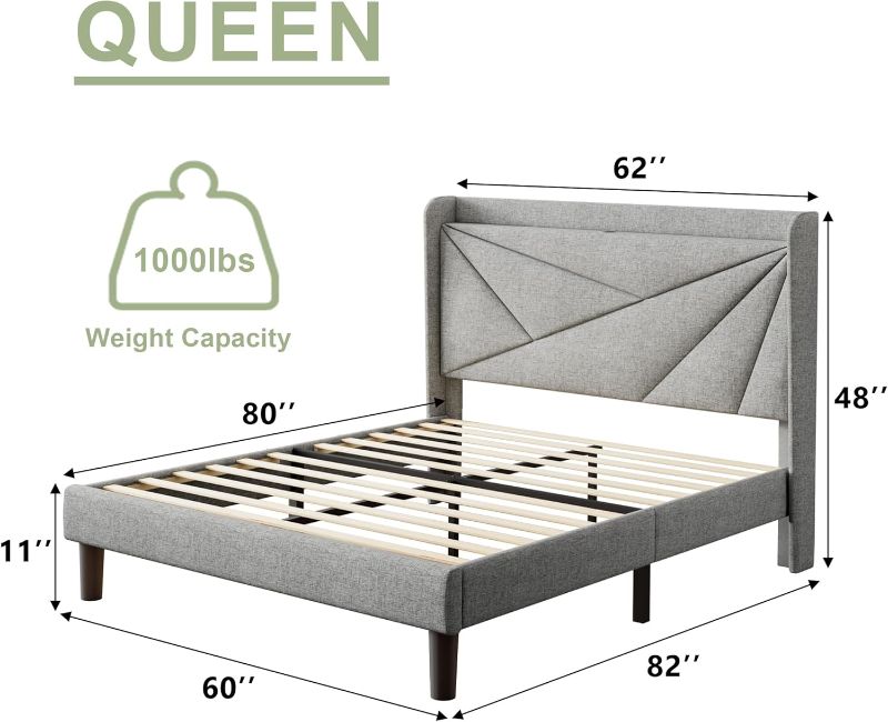 Photo 1 of **T IS USED. IT IS MISSING A PART AND IT IS NOT KNOWN IF IT WORKS AT 100%**Feonase Queen Bed Frame with Charging Station, Linen Upholstered Platform Bedframe with Wingback Headboard, Solid Wood Slats Support, Noise Free, No Box Spring Needed, Light Grey
